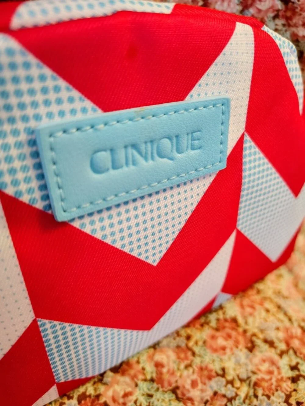 NWT Clinique Make Up Bag Cosmetics Pink & Blue Chevron
